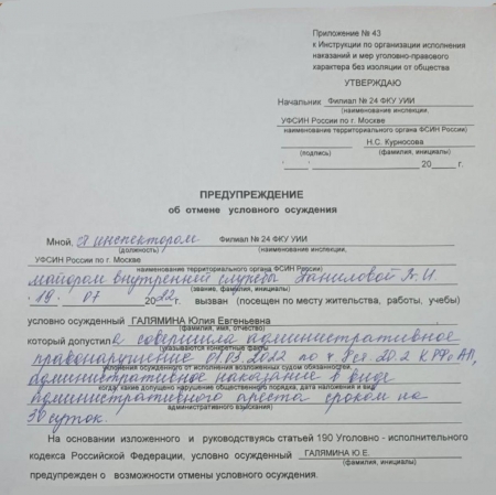 Юлия Галямина. Предупреждение об отмене условного осуждения